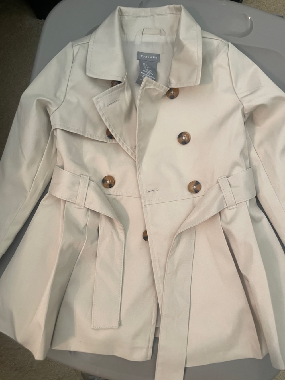 Tahari Cream Double-Breasted Trench with Belt